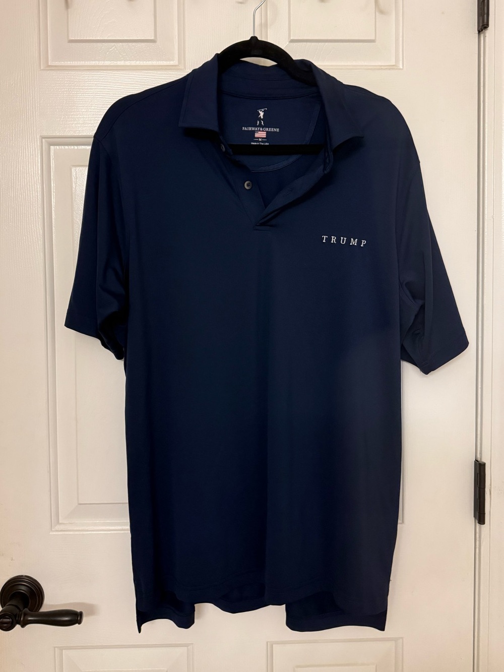 Fairway & Greene Trump Navy Polo Shirt w Embroidered American Flag on Sleeve